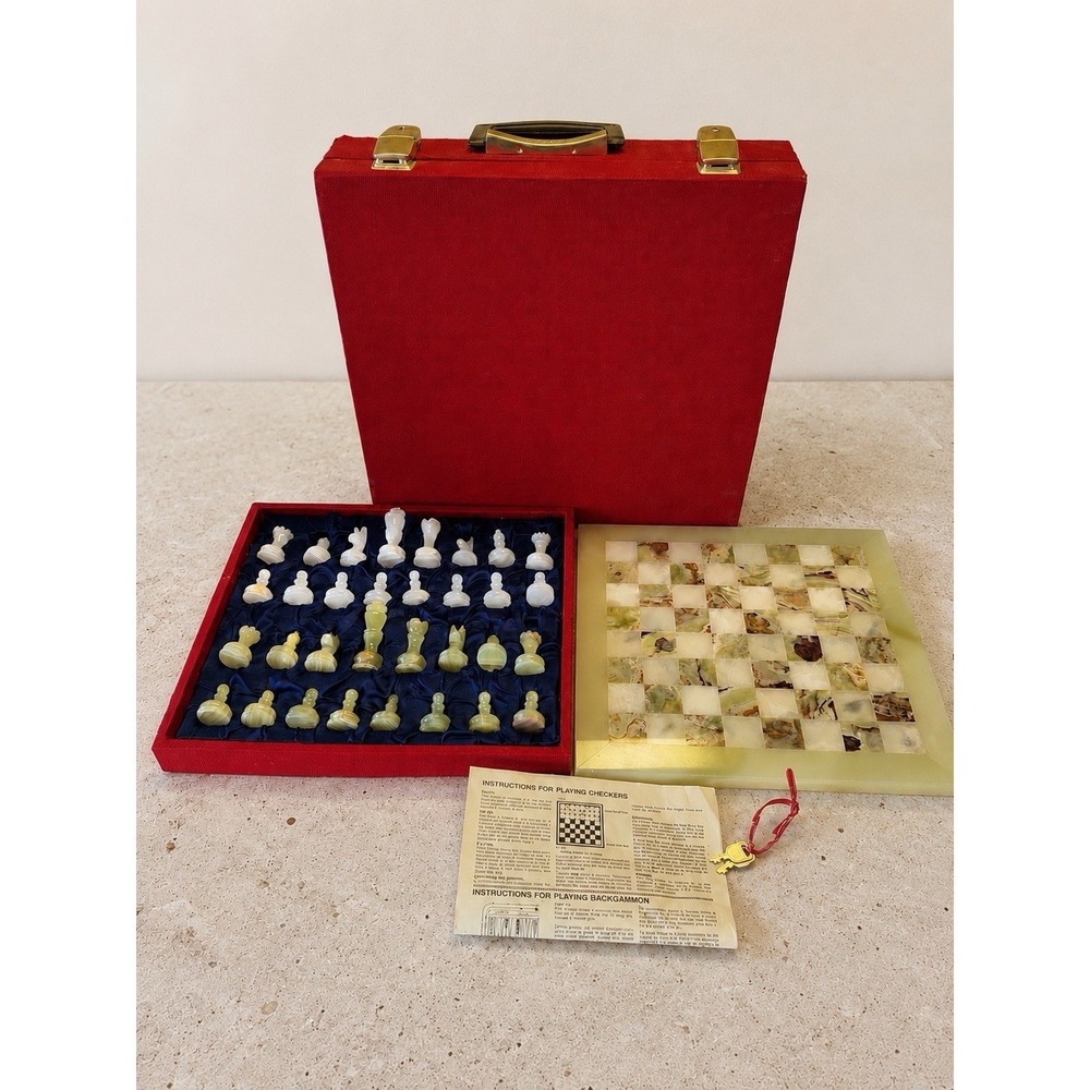 Handcrafted Green Onyx and White Marble Chessboard Set Game W/ Carrying Case